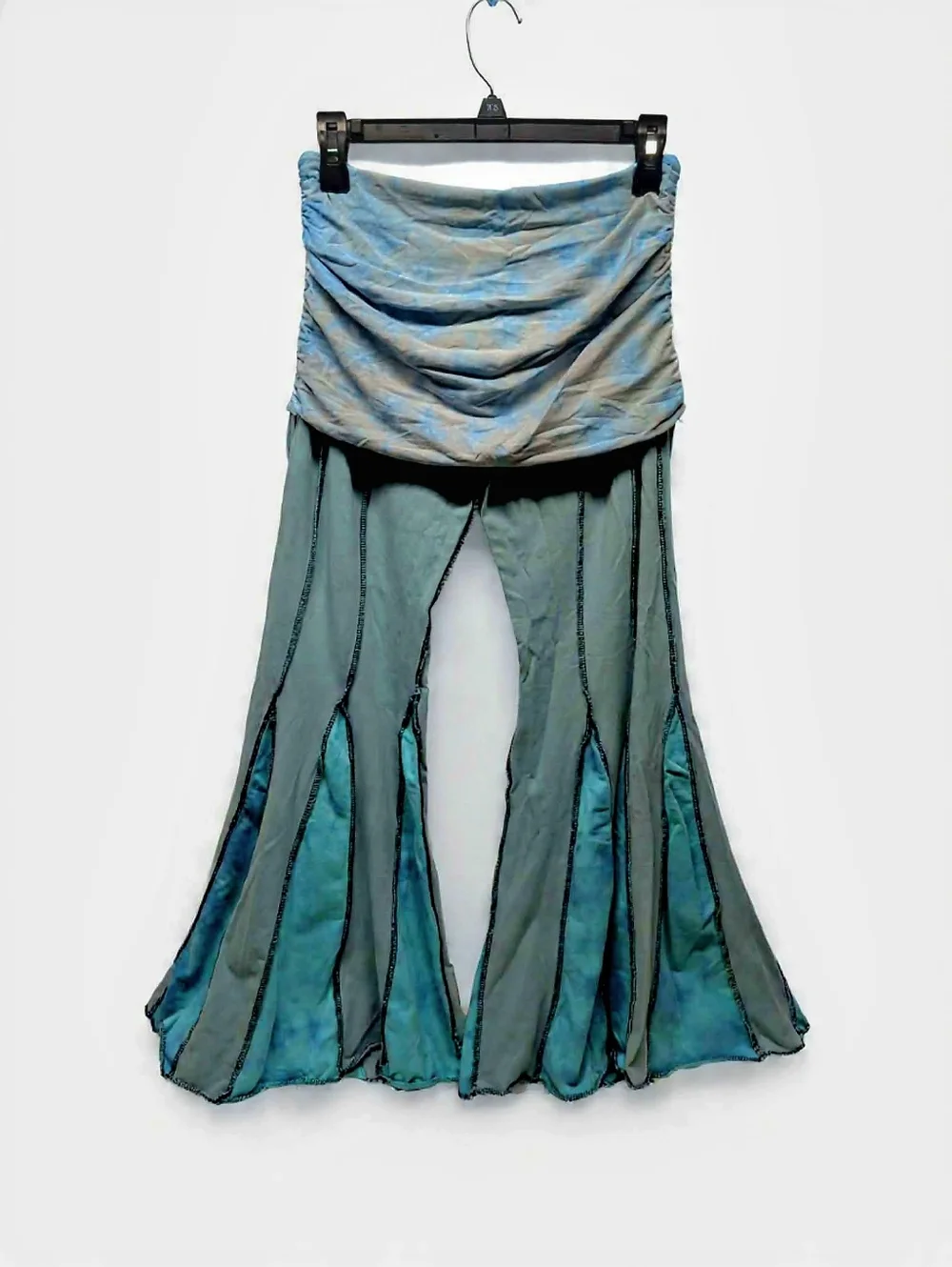 1 Of 1, Foldover Bell Bottom Tie Dye Boho High-Waist Flared Pants in Teal Blue - Picture 1 of 7